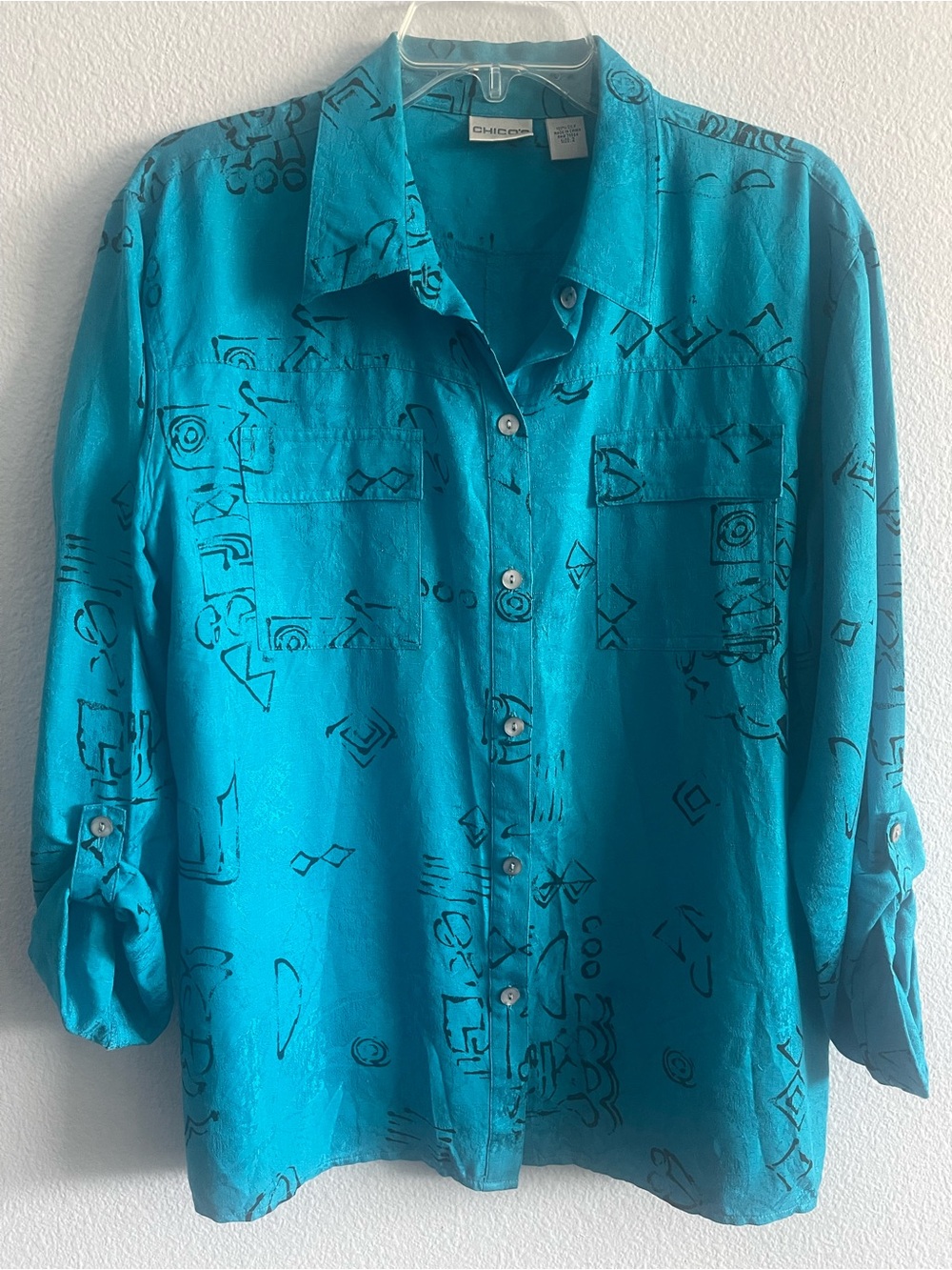 Chico's Turquoise Silk Button-Down Shirt with Black Abstract Print